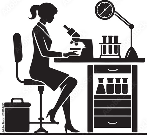 Silhouette of a woman in a lab coat working at a desk with microscope and test tubes