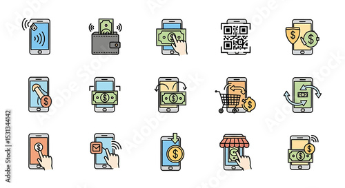 Vector icons Set of  Colorful Mobile Payment Icons for Digital Transactions. Vector Illustrations