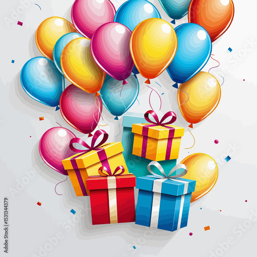 colorful balloons and gifts celebrating a special occasion bright balloons festive presents colorful boxes ribbons and confetti for birthday or party celebration theme