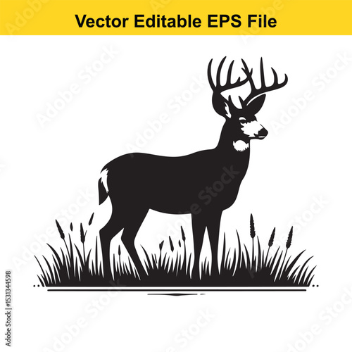 Majestic Mule Deer Buck Silhouette in Grassland Vector Illustration