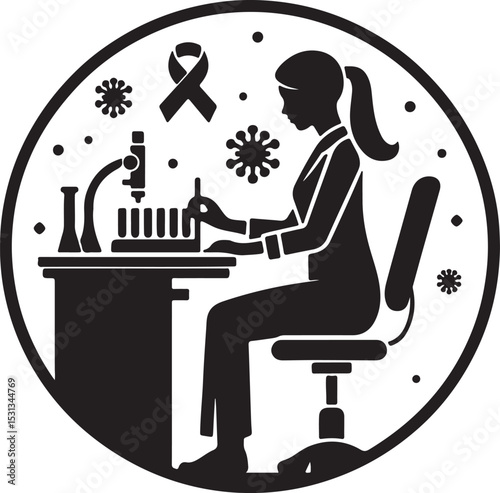 A scientist working in a lab with a microscope, test tubes, and a ribbon in a circular frame