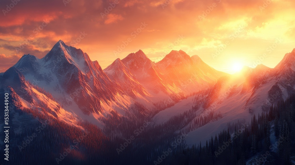 Obraz premium The last rays of sunlight illuminate the mountain range during golden hour, casting a magical light over the landscape as the day ends.