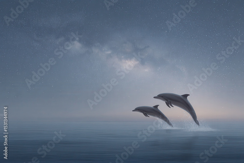night dolphins leaping out of water under starry sky main subject shifted to right