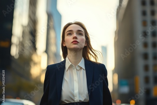 A young woman looking upward in a city street.
