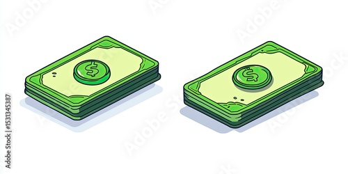 Two isometric illustrations of stacks of green money