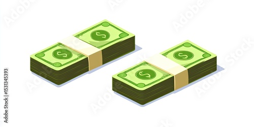 Two stacks of green money, isometric view