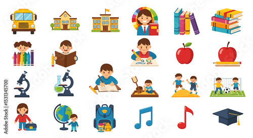 Vector icons Set of  Colorful School Icons Depicting Education Learning and Childhood Activities. Vector Illustrations