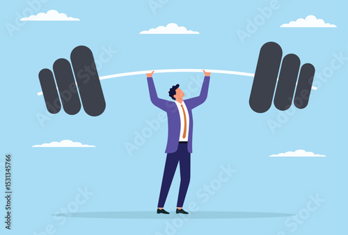 Vector illustration of a businessman lifting a heavy barbell overhead with both hands, symbolizing power, determination, and overcoming challenges in the business world
