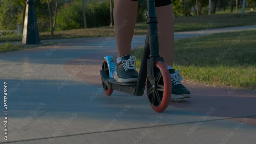 Woman riding scooter. Woman rides an electric scooter through a park, wearing sneakers and pushing off the ground with one foot. Sunlight filters through the trees, creating a vibrant outdoor scene
