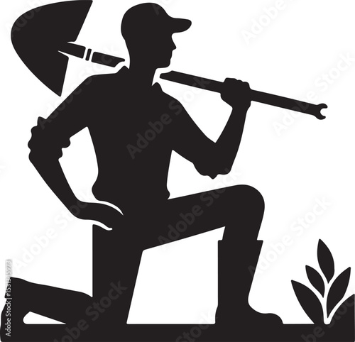 Silhouette of kneeling farmer with shovel on shoulder in black and white illustration