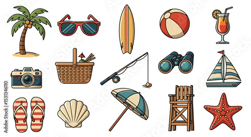 Vector icons Set of  Colorful Summer Vacation Icons Set with Beach Accessories. Vector Illustrations