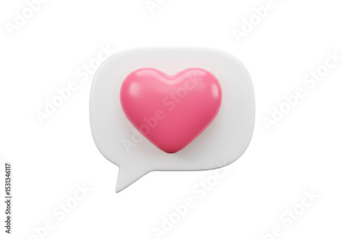 3D chat bubble with a pink heart inside, symbolizing love, social messaging, or romantic communication. Isolated on white background.

