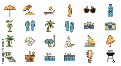 Vector icons Set of  Colorful Summer Vacation Icons Set with Beach Water and Food Elements. Vector Illustrations