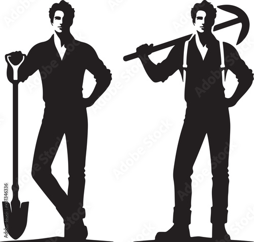 Two silhouettes of men in work clothes one with shovel and one with pickaxe on shoulder
