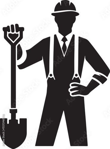 Silhouette of a construction worker with a shovel wearing a hard hat and suspenders