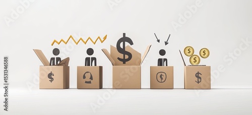 Business growth represented by open boxes with people and monetary symbols