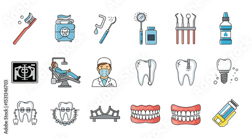 Vector icons Set of  Comprehensive Dental Care Icons Set for Healthcare Professionals. Vector Illustrations