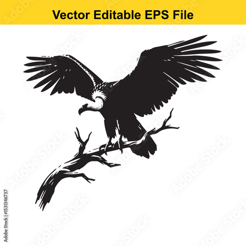 Majestic Black and White Illustration of a Vulture Perched on a Branch