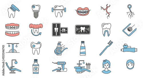 Vector icons Set of  Comprehensive Dental Care Icon Set Teeth Braces Implants and Tools. Vector Illustrations