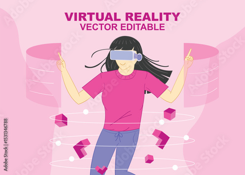Vector illustration of a woman using virtual reality glasses.
