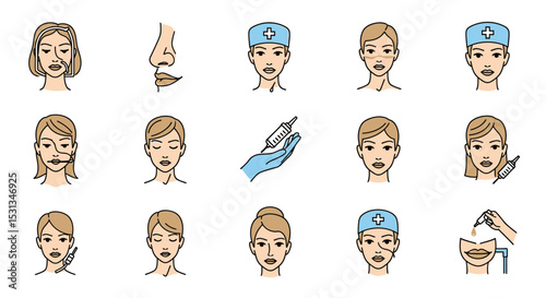 Vector icons Set of  Cosmetic procedures icons facial treatments injections and enhancements. Vector Illustrations