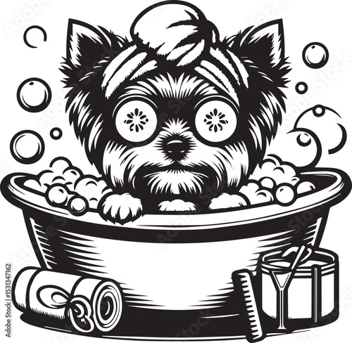 Adorable Yorkshire Terrier enjoying a relaxing spa bath bubbles bath products pet grooming dog illustration