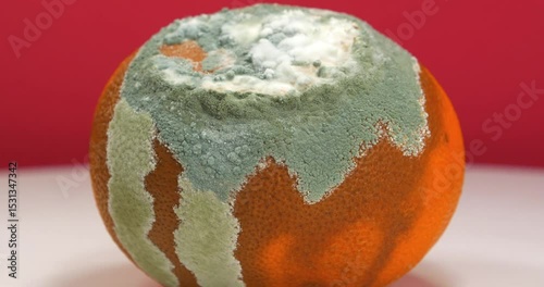 Tangerine covered with mold. Rotten citrus fruit, rotates on red background. Rotten mandarin. Cinema 4K 60fps video