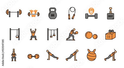 Vector icons Set of  Crossfit Workout Icons Dumbbells Kettlebells and Functional Fitness Exercises. Vector Illustrations
