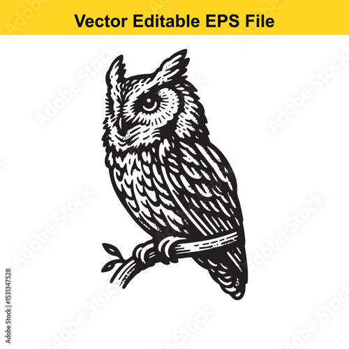 A black and white vector illustration of an owl perched on a branch