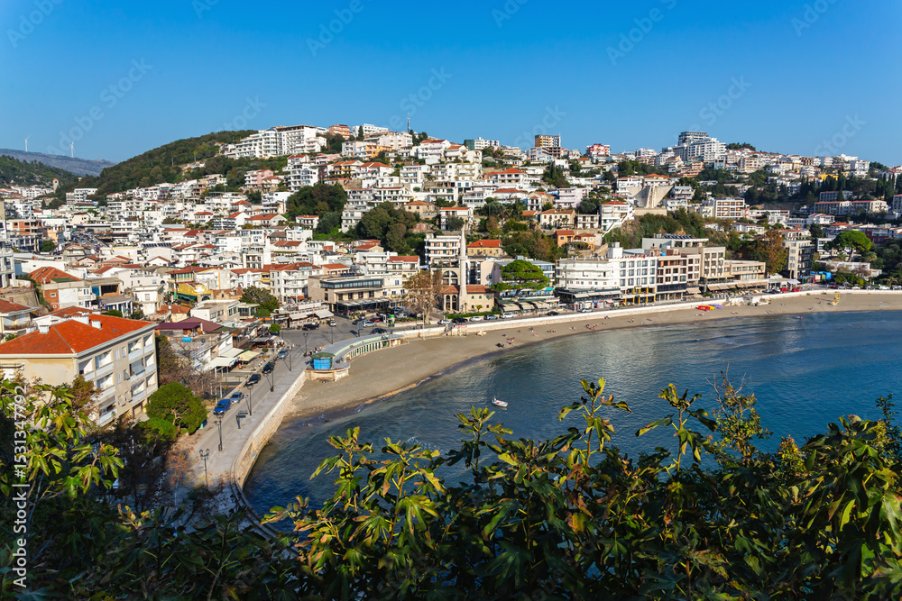 Obraz premium Panoramic view of Ulcinj downtown and beachfront from historic castle hill, Montenegro