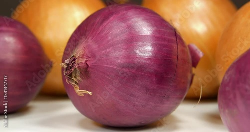 Bulb onion and red onion, which is also called purple onion. Onion - very healthy product with many beneficial properties for health. Cinema 4K 60fps close-up shot video