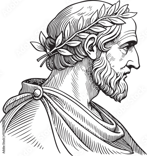 Greek or Roman philosopher statue Vector Illustration, Sketch Drawing Line Linear Symbol Icon Engraving Coloring Book, Hand-drawn Black and White Isolated