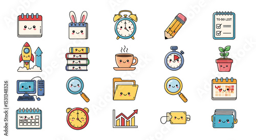 Vector icons Set of  Cute Cartoon Collection of Productivity and Organization Tools. Vector Illustrations