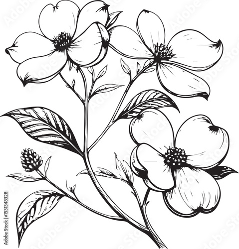 Dogwood Flowers Vector Illustration, Sketch Drawing Line Linear Symbol Icon Engraving Coloring Book, Hand-drawn Black and White Isolated
