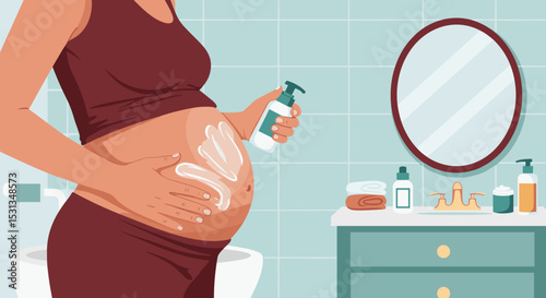Vector illustration of pregnant woman applying cream on belly, suitable for promoting motherhood, skin care during pregnancy for stretch marks on belly, about pregnancy health