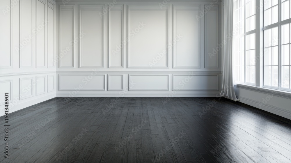 Obraz premium Elegant empty room with dark hardwood flooring, classic wainscoting on the walls, large French windows and sheer curtains swaying in the breeze