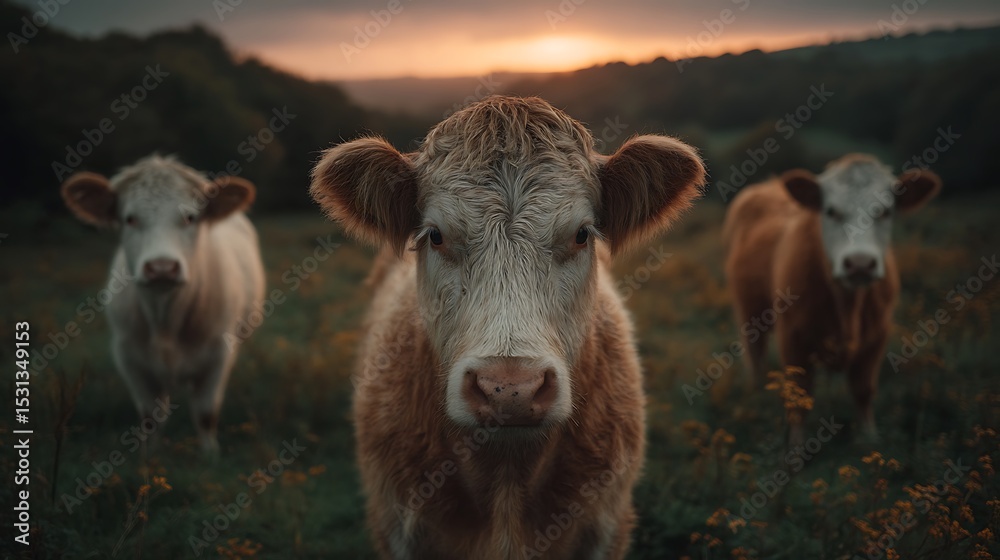 Cows stand serene sunset Cows stand serene sunset
