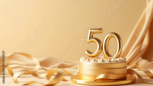 Golden number 50 topper on festive cake with satin ribbon and soft beige background, elegant setup for jubilee or anniversary. Concept: event decor, bakery, milestone party.