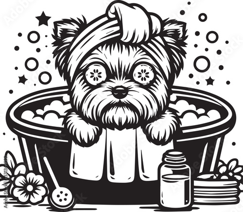 Adorable Yorkshire Terrier enjoying a relaxing spa bath bubbles bath products pet grooming dog illustration
