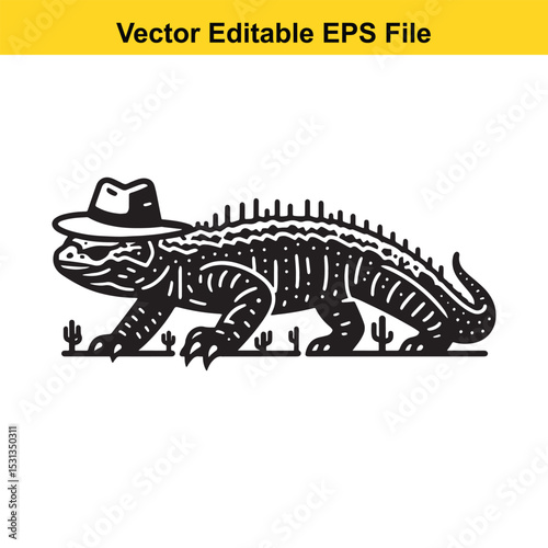 A cool lizard wearing a fedora hat in a desert landscape
