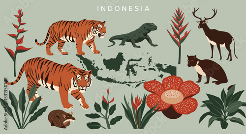 Wallpaper Mural Tigers, Deers, and Unique Flora in a Vibrant Illustration Torontodigital.ca