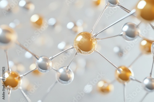 Interconnected metallic and golden spheres form a complex molecular structure.