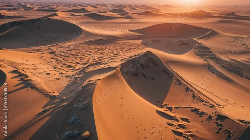 Aerial Drone Flight Over Sunset Sand Dunes in the Sahara Desert