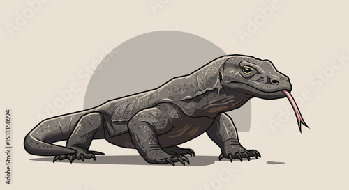 Illustration of a Komodo Dragon in a Minimalist Style, Nature Setting, Wildlife Art