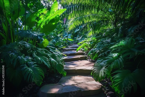 Lush tropical garden path lined with vibrant greenery. photo