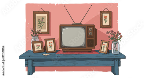 Vintage Television Set in Rustic Home Setting Nostalgia, Flowers, and Retro Decor