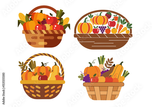 Autumn harvest basket filled with stylized vegetables and fruits in flat vector illustration