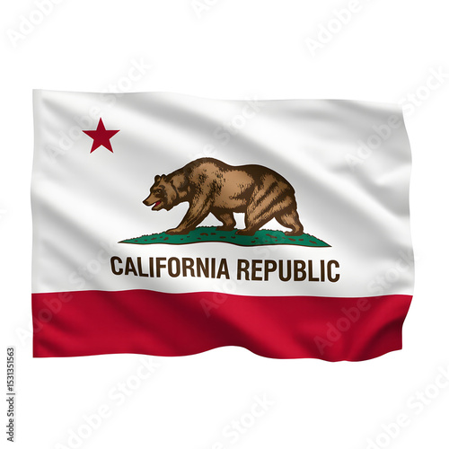 California Republic flag white field with red stripe brown bear star, fabric surface textured, gentle flowing motion, professional studio illumination, isolated on transparent, commercial standard