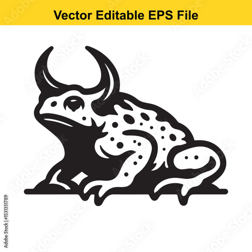 A fierce black and white illustration of a horned toad