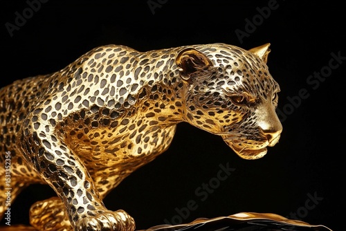 Golden leopard sculpture against a black background.